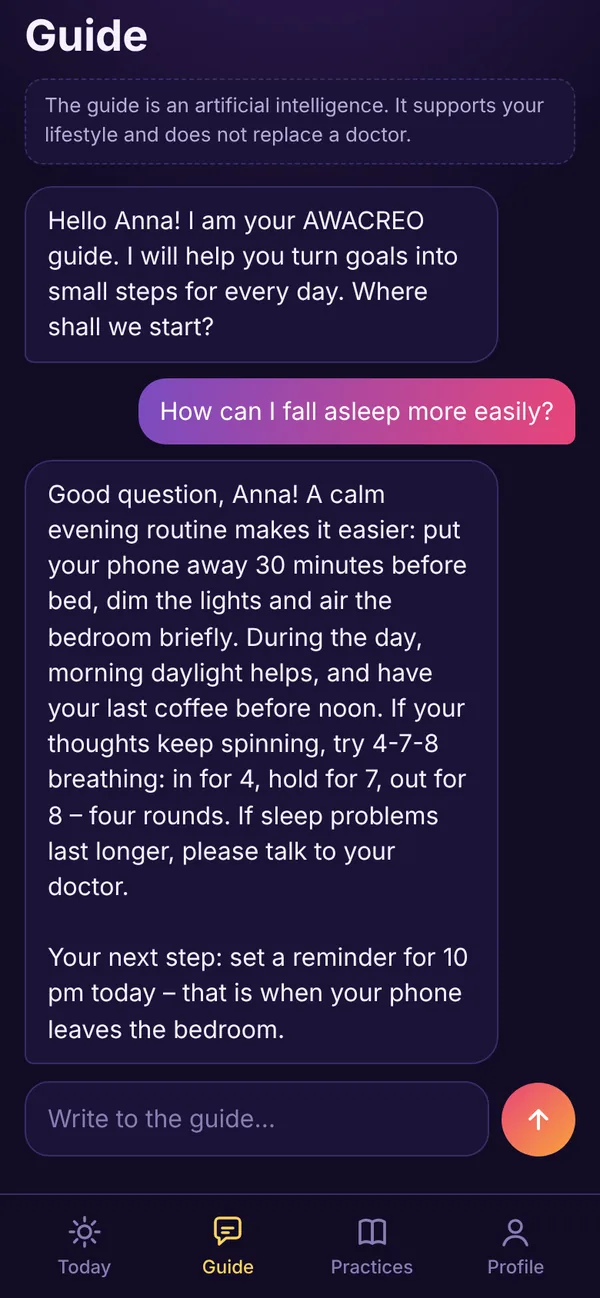 Chat with the AI guide: a question about falling asleep and the answer