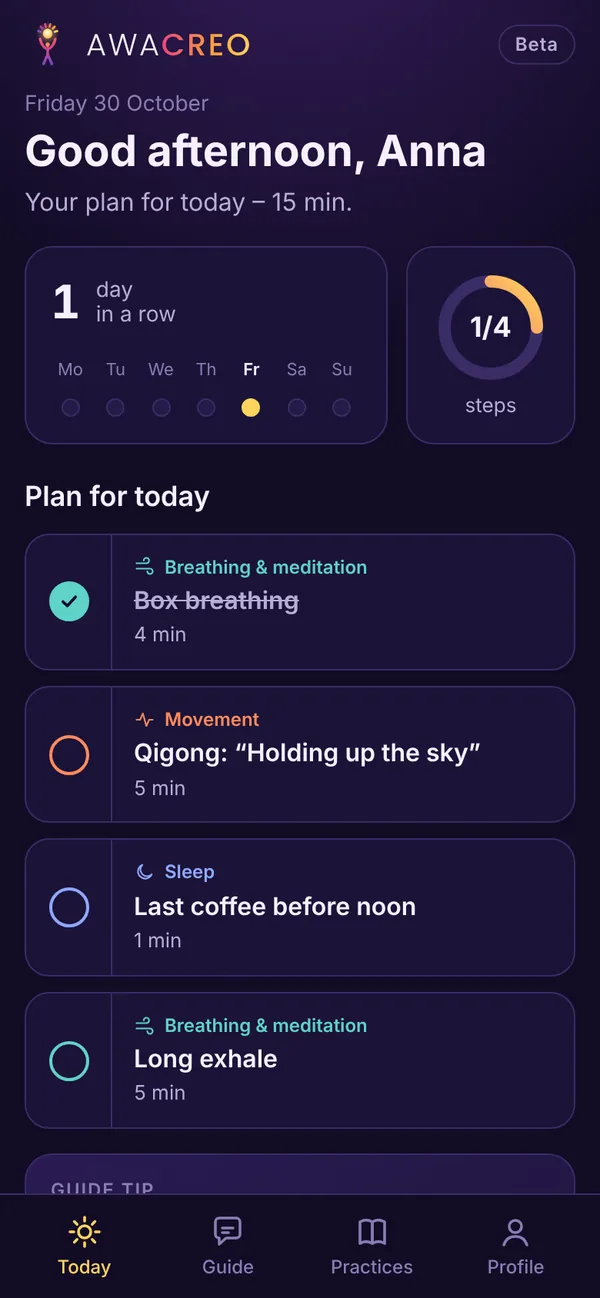 AWACREO app: daily plan with four short steps